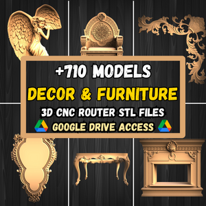 Decor & Furniture STL Pack: +710 Decor & Furniture STL Models For 3D CNC Router Machines - Google Drive Access